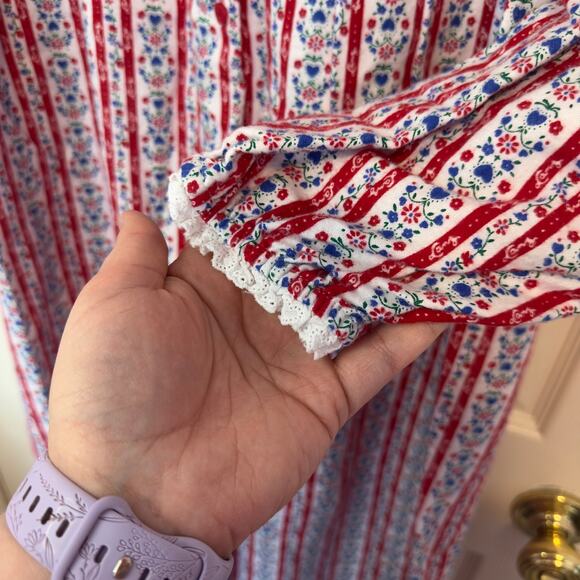 Lanz of Salzburg Tyrolean Flannel Nightgown Red And Blue Hearts Size M Cozy - Picture 8 of 11